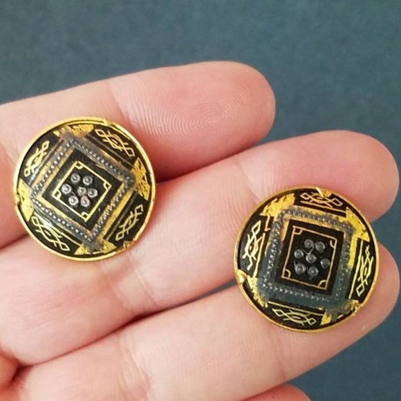 Damascene Round Geometric Cufflinks - Picture 1 of 10